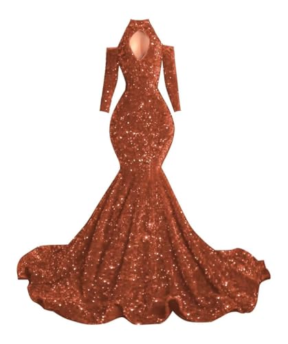 Mermaid Sequin Prom Dresses Long Sleeve Halter Neck Formal Party Evening Gown
