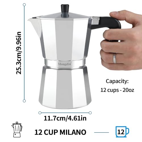 Mongdio Stovetop Espresso Maker Moka Pot, Stove Top Cuban Coffee Maker, Italian Greca Mocha Pot, 12 Espresso Cups, 20 oz - Silver