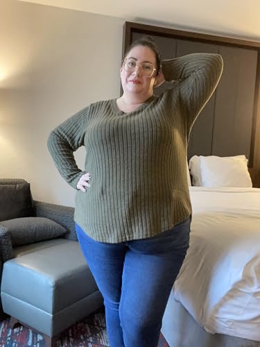 Image of RITERA Plus Size Sweater, Ribbed Long Sleeve Solid Top for Women | Soft vertical ribbed knit, modest V neck, loose long sleeves, curved swing hem, slimming casual layering top for curvy women