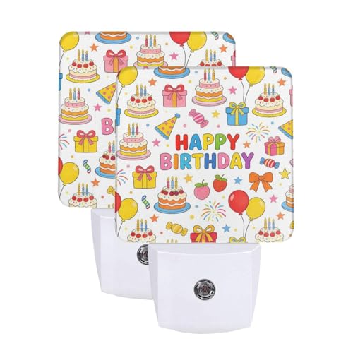 Image of Birthday Happy Party Cake Candy LED Plug-in Night Light 2-Pack, Auto Sensor Nightlights Set of 2 for Bedroom Bathroom