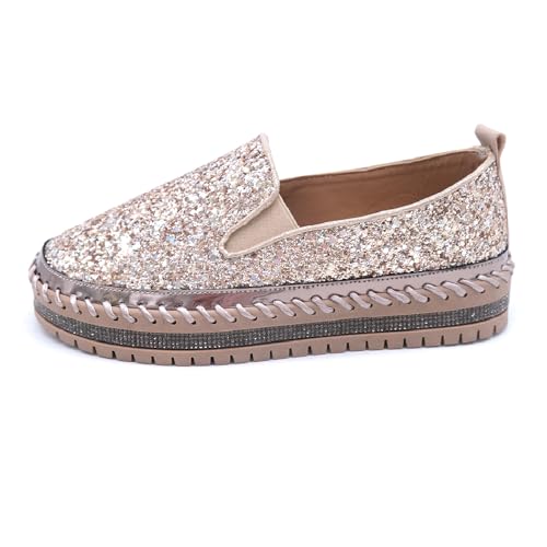 Image of Women's Platform Rhinestones Glitter Fashion Sneakers Comfortable Slip On Flat Loafers Walking Wedding Dress Shoes Casual Shoes