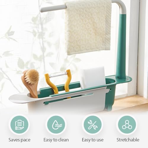 2026 Updated Telescopic Sink Storage Rack, Ajustable Organizador Telescópico de Fregadero de Cocina, Expansible 2 en 1 Escurridor de Fregadero, Porta Esponja y Jabón para Cocina en Casa (C - Verde - 2 piezas) miniatura 2