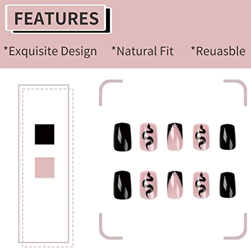 RUNRAYAY Black & Nude French Medium Fake Nail, Press on False Nails with Snake Design - Image 3
