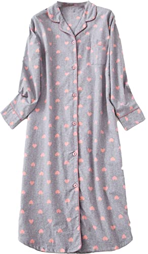 Cromoncent Women's Flannel Nightgown Button Down Long Sleeve Nightshirt Mid Long Sleepshirt Pajamas Top Heart Grey X-Large