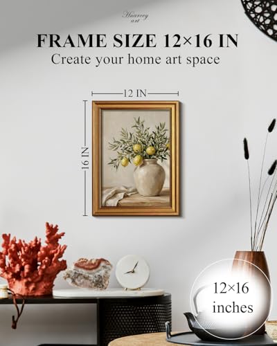 Image of HUARCEY Gold Framed Vintage Wall Art for Living Room, Flowers Painting Prints Shelf Decor for Kitchen, Aesthetic Bedroom Wall Art, Best Gifts for Friends or Family - Lemon and Olive 16L x 12W
