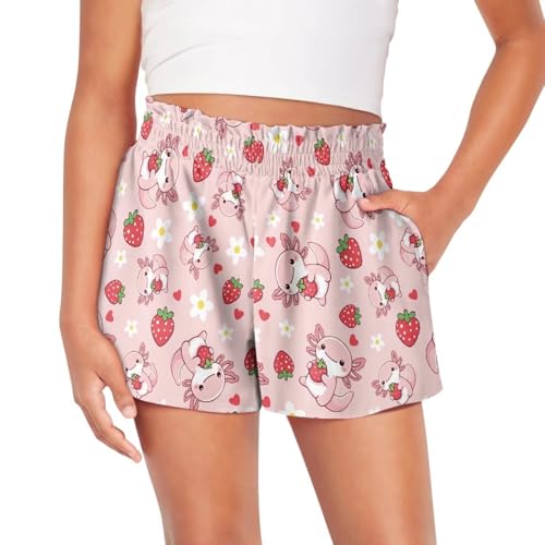 Xpyiqun Cute Axolotl Running Shorts for Big Girls 9-10 Strawberry High Waist Flowy Athletic Shorts Flower 2 in 1 Sports Butterfly Shorts Summer Comfy Spandex Double Layer Cartwheel Skirts Outfit