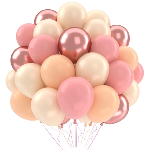 QIFU Palloncini rosa polveroso palloncino decorazioni di compleanno, 52 pezzi, 30,5 cm, retrò, rosa, pesca, arancione, lattice metallizzati oro