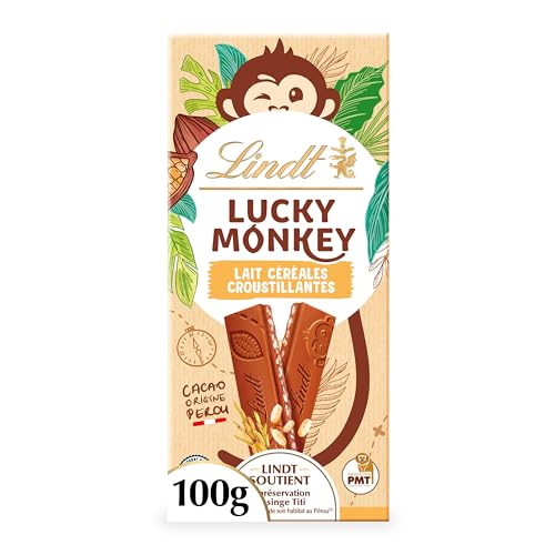 Lindt - Tablette LUCKY MONKEY Lait Céréales Croustillantes - Chocolat au Lait, 100g