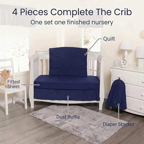 Image of EVERYDAY KIDS 4 Pc Crib Bedding for Boys Nursery Set Includes Baby Bed Quilt, Fitted Sheet, Dust Ruffle and Diaper Stacker- Nursery Bedding Set - Baby Crib Bedding Set in Navy