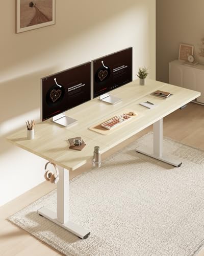 Image of FLEXISPOT 71x32 Inch Electric Large Standing Desk for Home & Office, Spacious Splice Board Desk with Cable Management & Organizer, Cup Holder & Hook, White Wood Grain