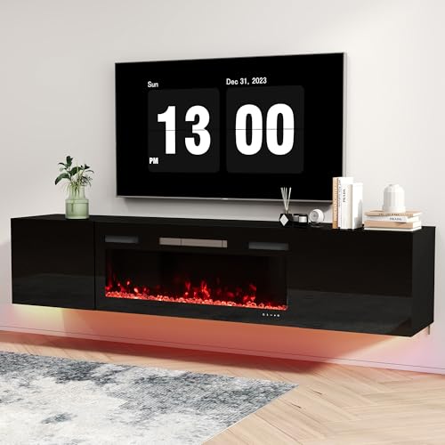 Real Relax 70" Floating TV Stand with 36" Electric Fireplace, Wall Mounted Entertainment Center with Storage, Remote Control, Modern LED Lights Fireplace TV Console for TVs Up to 80", All Bl
