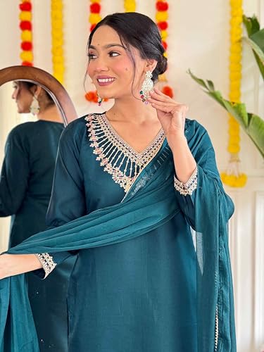 Image of Shiv Textiles Women's Chanderi Silk Embroidered Kurta Pant Dupatta Set(JDA-NILAM-RAMA-S)