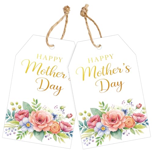 joycraft Gift Tags for Mothers Day - 50Pcs Floral Mothers Day Tags with String 3.3x2.1 in White Kraft Paper Lables Glod Rose Lables for Party Favor Craft Moms Birthday Present Wrap