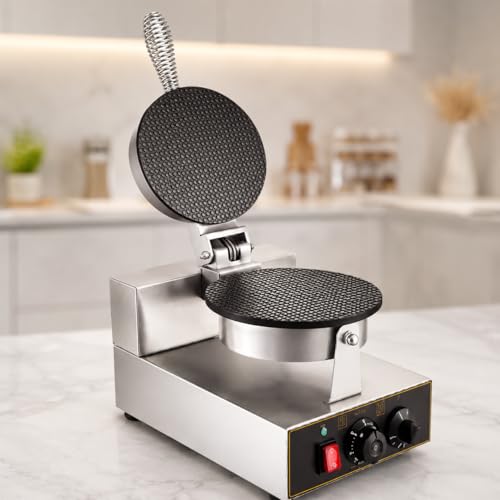 Image of Round Waffle Cone Maker Machine, Commercial Electric Waffle Cone Baker, Ice Cream Cone Maker for Cafe Bakery Restaurant