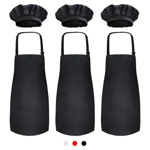 Novelty Place Kid's Apron with Chef Hat Set (3 Set) - Skin-friendly Children’s Bib with Pocket - Cooking, Baking, Painting, Training Wear - Kid's Size (6-12 Year, Black)