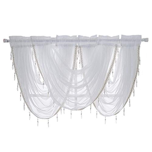 ACMHNC Voile Curtain Swags, 3 Panels Acrylic Beaded Trim Sheer Scarf Valance Drapes Tulle Net Window Decor for Living Room Kitchen