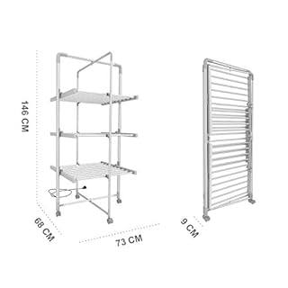 Todeco - Sèche-Linge Electrique, Etendoir Pliant d'Intérieur - Dimensions du Produit replié: 143 x 72 x 9 cm - Matériau: Alliage en Aluminium - 3 étagères, Blanc, avec des Roues