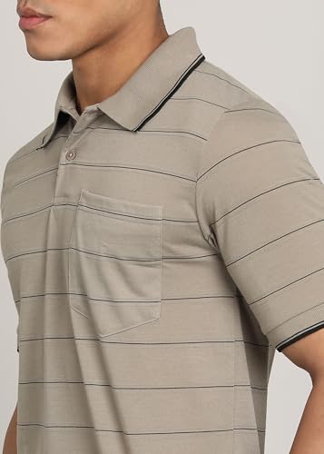 Image of INKKR Men Striped Polo Neck Cotton Blend T-Shirt