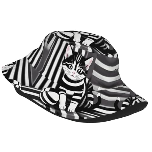 Black and White Striped Kitten Adult Unisex Sunshade Bucket hat, Non-Shrinking, Lightweight, Breathable, Foldable, Easy to Store2