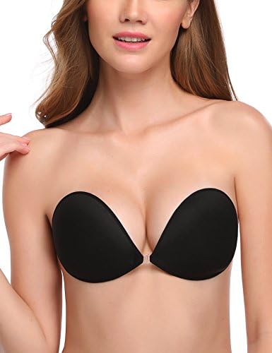 Wingslove Adhesive Bra Reusable Strapless Self Silicone Push-up Invisible Sticky Bras for Backless Dress (Black,D)