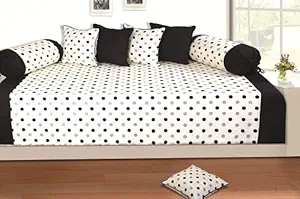 Shades of Life Cotton Black Polka Dot Diwan Set with 1 Bedsheet 5 Cushions Covers and 2 Bolsters Covers for Living Room | 60 * 90 Inch