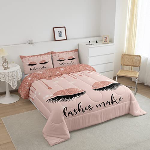 Girls Comforter Set Queen Size Background Pink Cute Eyelash Bedding Quilt Set Cute Cartoon Princess Style Bedding Comforters 3Pcs For Kids Teens Girly Room Decor,Soft Duvet Set With 2 Pillowcases #TOP2