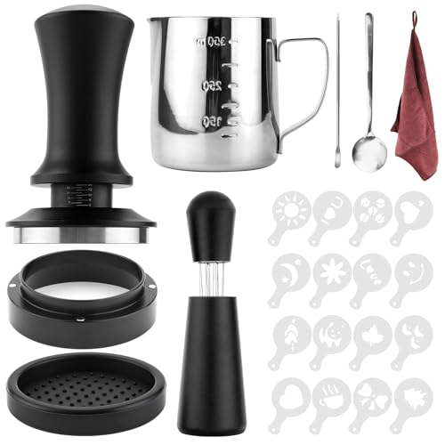 Homtone Kaffee Tamper 51mm Set, 24-TLG Barista Zubehör Set mit Dosierring, Milchkännchen, WDT Tool, Rührlöffel, Tampermatte, Barista Tuch, Latte Art Stift & Schablonen für Espresso-Halbautomaten