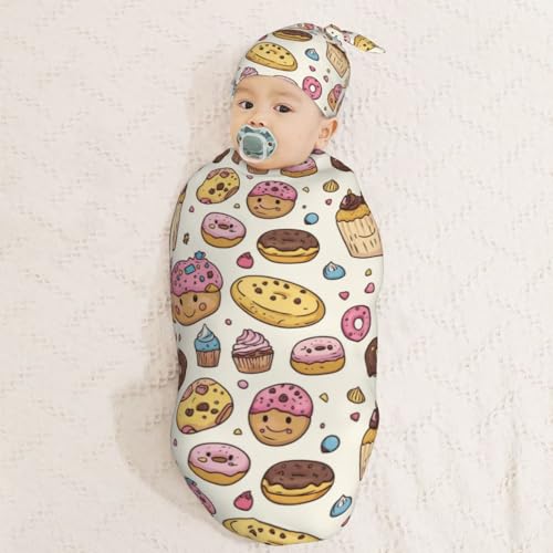 Image of Kawaii Cookies Doughnut Newborn Swaddle Blankets Hat Sets Soft Baby Receiving Blanket Swaddle Sack For Baby Shower Infant Boy Girl Gift