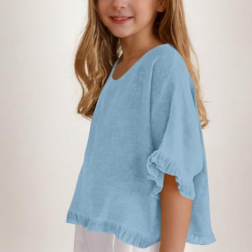 Toddler Girls Short Sleeve Ruffled Shirts 2025 Kids Trendy Cotton Linen Tops Youth Girl Cute Crewneck Summer Clothes Blouse3