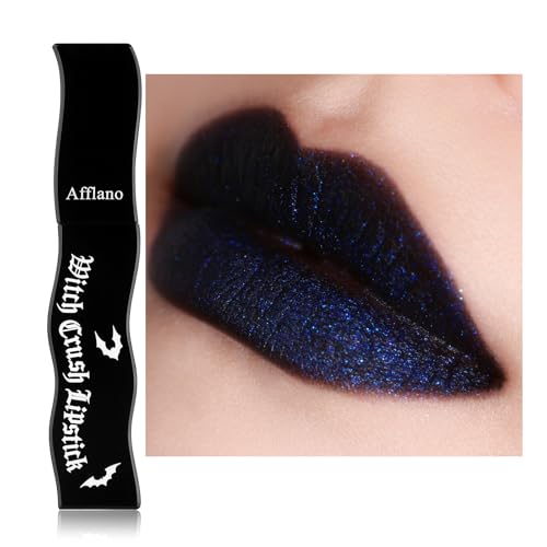 Blue Goth Lipstick Matte Black Base Blue Lip Gloss with Sparkle High Coverage Long Last Waterproof Sparkle Dark Navy blue Lip Stain Non-Sticky Lip Gloss for Daily Party Halloween Witch Vegan #07