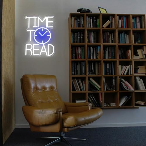 Image of Time To Read Neon Sign Read Books Neon Lights for Bedroom Bookstore Decor | White Letter LED Signs, Blue Clock Neon Read Light Up Sign, Dimmable Acrylic Wall Art, USB Powered, Reading Corner Decor