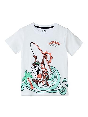 Image of The Souled Store Official Looney Tunes: Surfing with Taz Kids and Boys Regular fit Graphic Printed Half Sleeve Cotton White Color Boys T-Shirts