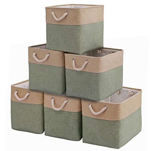 Image of Large Cube Storage Baskets Organizer (10.5" x 10.5" x 11") for Clothes Toys Towel Books, Canvas Fabric Sturdy Collapsible Storage Boxes with Cotton Handles for Closet, Shelves (Green/Brown, 6 Pack)