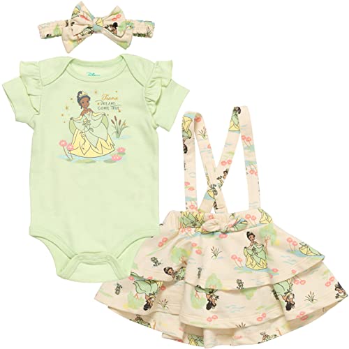 Image of Disney Princess Belle Ariel Tiana Baby Girls Bodysuit French Terry Jumper and Headband 3 Piece Outfit Set Newborn to Infant