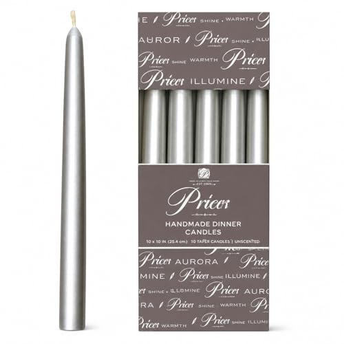 Image of Price's Candles 10 Inch Metallic Silver Dinner Candles Pack of 10 Unscented Taper Candles Long Burning Decorative Candles for Dining Weddings Parties and Home Décor