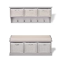 Tetbury Hallway Bench and Hanging Shelf Set | White Wicker Baskets, Cushion Seat, Tarnished Silver Coat Hooks | Storage Furniture in White, Dove Grey, Truffle, Sage Green. FULLY ASSEMBLED