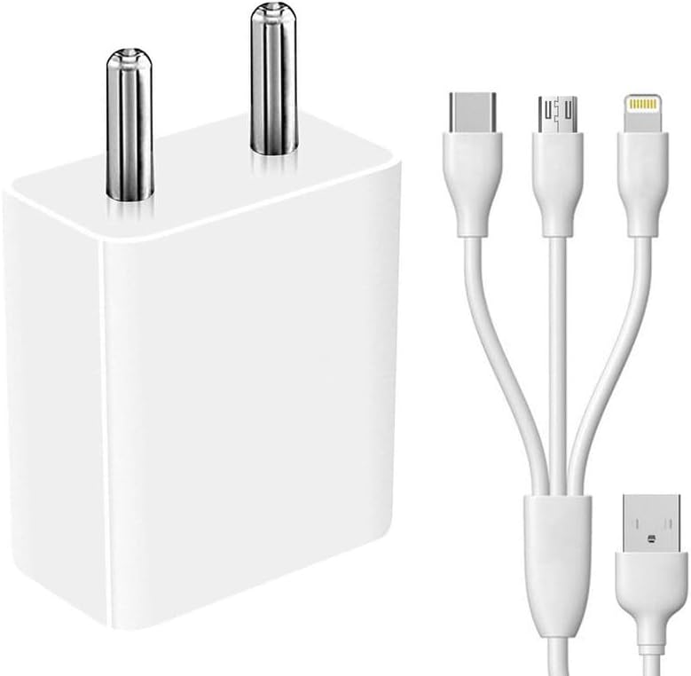 3 in 1 Charger for Tecno Pop 5 Charger Android Smartphone Wall Mobile Charger Hi Speed Fast Charger with 1.2m 3-in-1 Multi Functional Micro USB Android iOS Type-C Cable - (White, SSH-90)