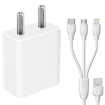 18W Mobile Charger for Tecno Pouvoir 2 Single Port High Speed Turbo Charge Smart QC 3.0 with 1.2m 3-in-1 Multi Cable Micro USB Android iOS Type-C USB Cable (White, SH.Q)