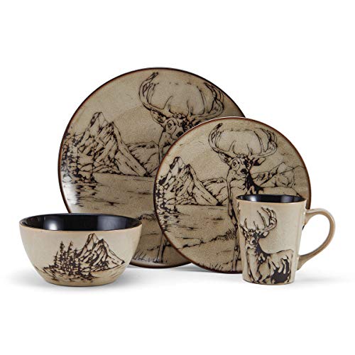 Mossy Oak Animal Print 16 Piece Dinnerware Set, Black And Beige #TOP1