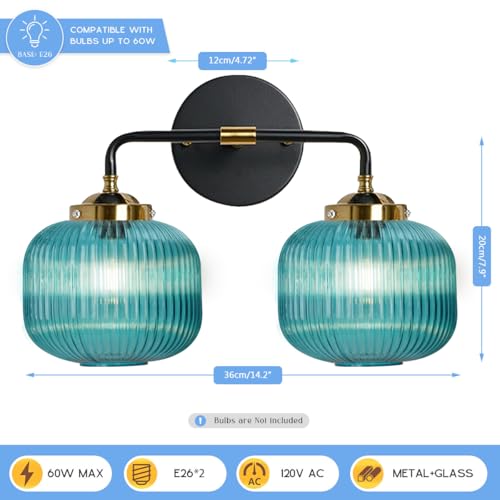Image of Bathroom Mirror Vanity Light Fixture 2 Lights Blue Globe Shade Vintage Glass Wall Light fixtures Black Gold Bathroom Lights Modern Retro Wall Sconce for Above Kitchen Sink Bedroom