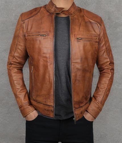Image of Decrum Mens Leather Jacket - Cafe Racer Style Real Lambskin Leather Jacket Men