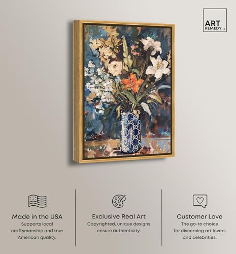 Image of Art Remedy Blue Floral Vase Canvas Floral Vase Wall Art, Gold Frame, 30 inch x 45 inch