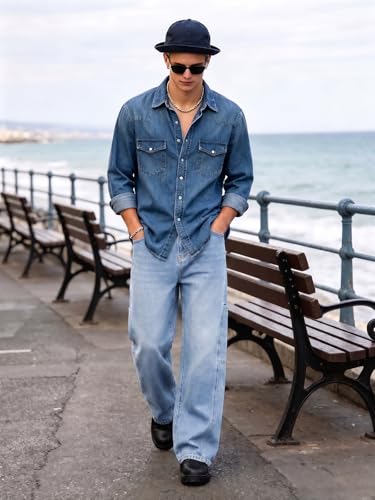 Image of EMMIOL Men's Baggy Wide Leg Jeans, Striped Y2K Hip Hop Skater Denim Pants, Loose Fit Streetwear Jeans