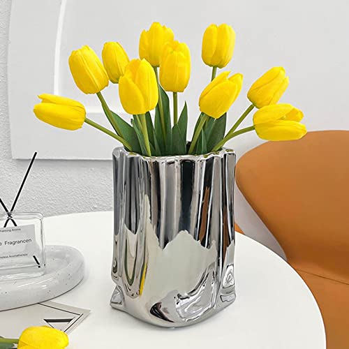 Silver Ceramic Flower Vase, 9.3" Tall Modern Simple Flower Arrangement Vase, Creative Handmade Paper Bag Modeling, For Home Decor, Living Room, Office, Dining Table, Wedding, Birthday Festive Gift #TOP3
