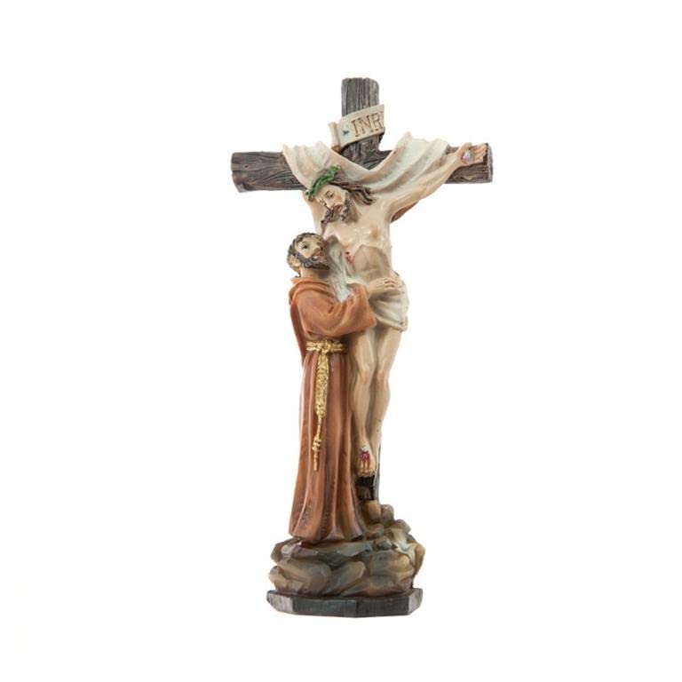 DRW Figure Christ crucifié avec Saint François Résine Peinte à la Main 15 cm