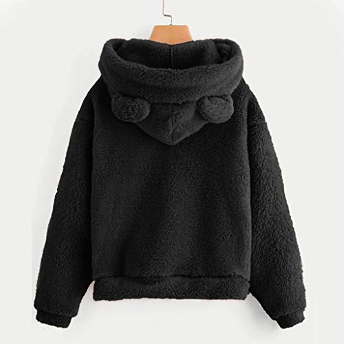 Aotifu Winter Fuzzy Teddy Bear Hoodie for Women,Bear Ear Hooded Fleece Hoodie Pullover Fluffy Cute Teen Girls Jumper School Casual Soft Chunky Tops Outwear Black, M