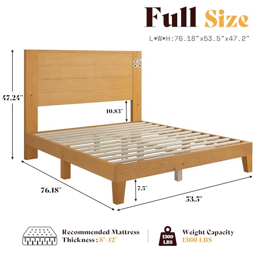 Image of AMERLIFE Full Size Bed Frame with 48 inch Tall Headboard, Mid Century Modern Solid Wood Platform Bed with Silent Wood Slat System, No Box Spring Needed, Under-Bed Storage, Natural