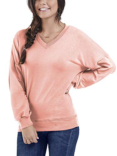 Seek No Further by Fruit of the Loom Women's Brushed Fleece Long Sleeve V Neck Blouse, Dream Coral, M