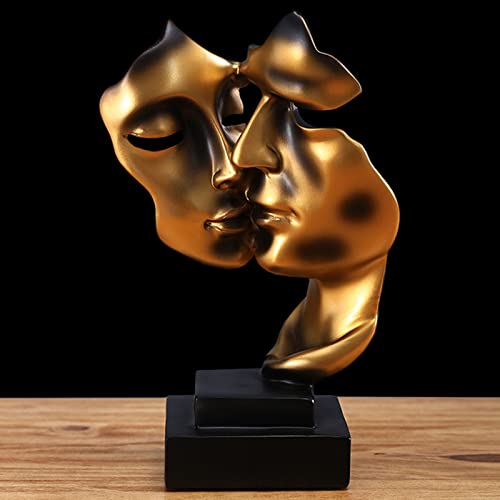 KILCVEM Moderne Skulptur Deko | Stille ist Gold Doppelmaske Paar Figur Statue | Kreative Abstrakte Kunst Ornamente Männer Skulpturen für Wohnzimmer Arbeitszimmer Eingangs Büro Dekoration, Kuss Cover