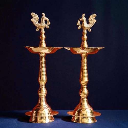 Image of Samai Diya for Pooja Big Size | 16 Inch Premium Kerala Brass Kuthu Vilakku | Peacock Design Panchmukhi Puja Diya, Home Temple & Gifting | Pack of 2 | 865g Each